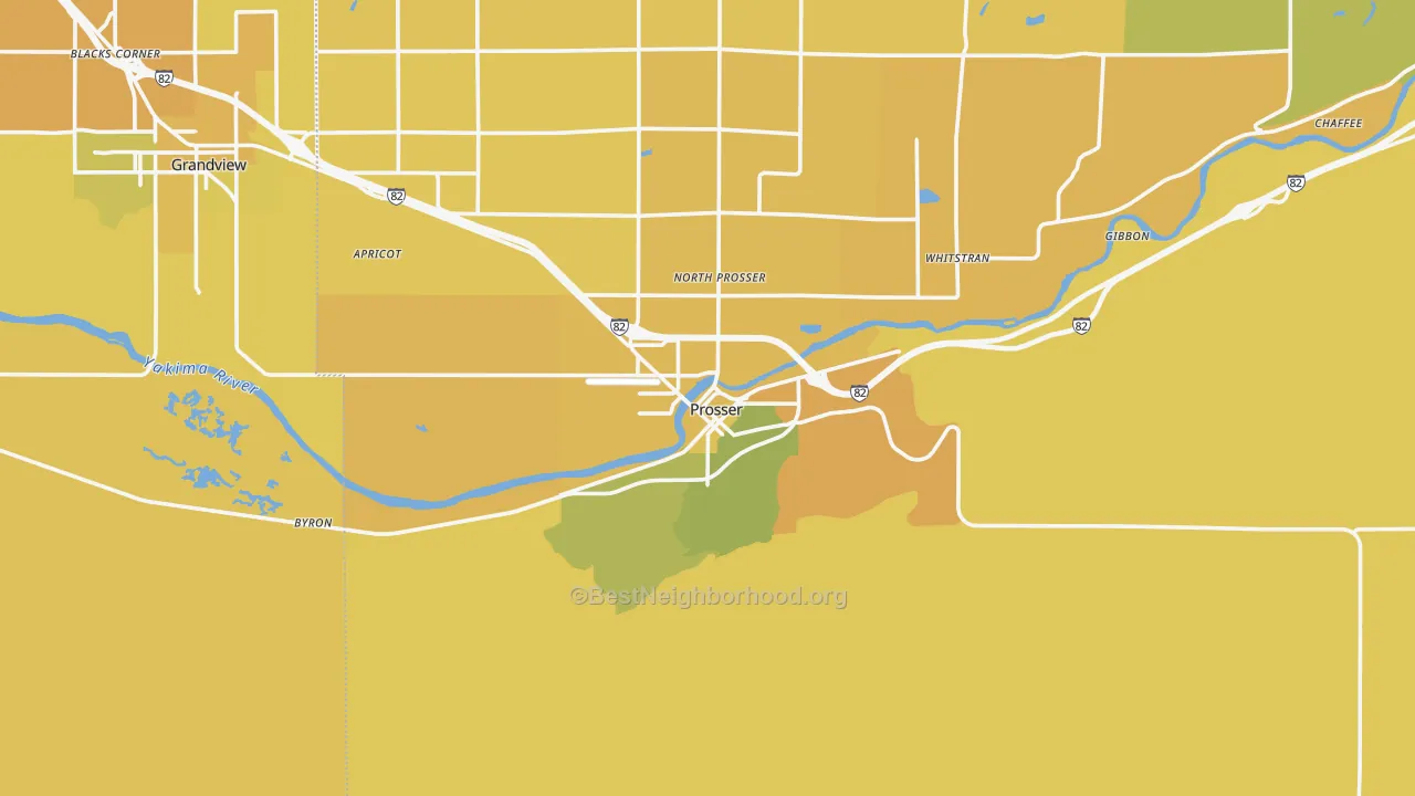 Map of the best neighborhoods in the Prosser area, with better matches in green and worse matches in red