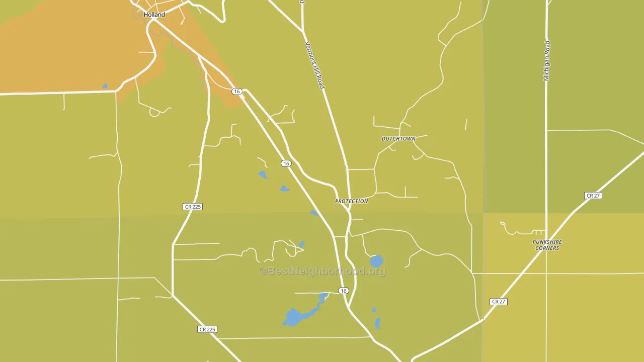 Map of the best neighborhoods in the Protection area, with better matches in green and worse matches in red