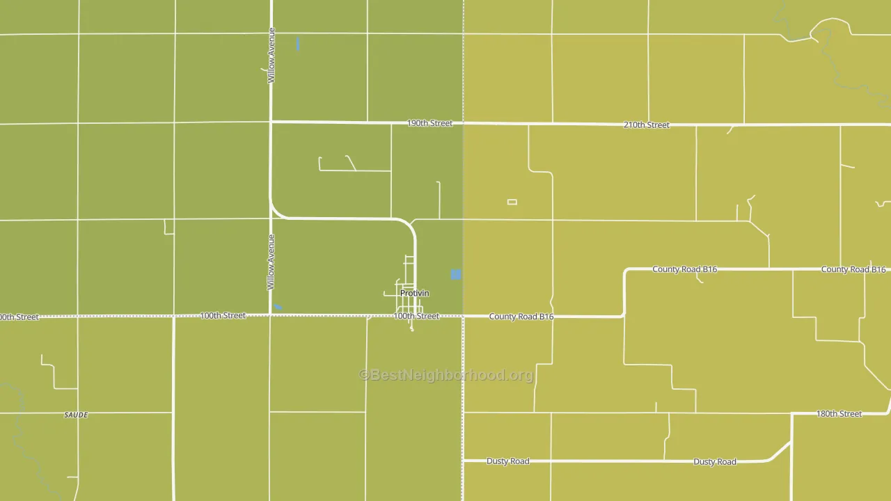 Map of the best neighborhoods in the Protivin area, with better matches in green and worse matches in red