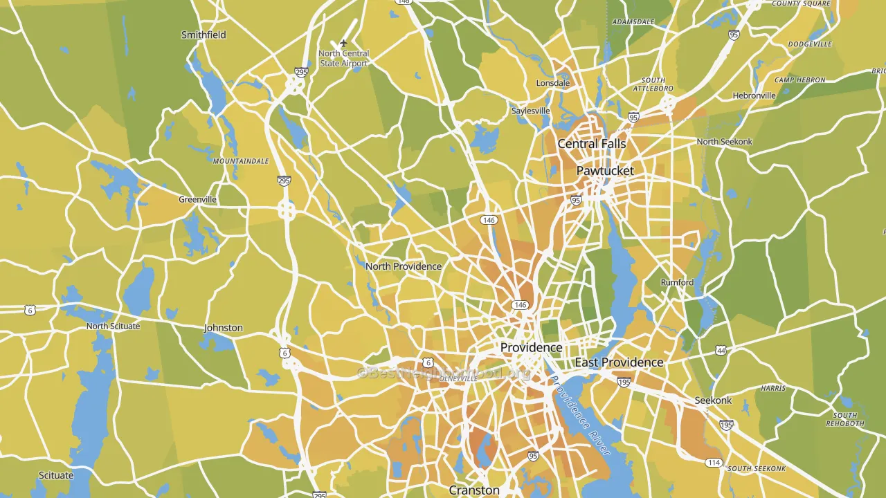 Map of the best neighborhoods in the Providence County area, with better matches in green and worse matches in red