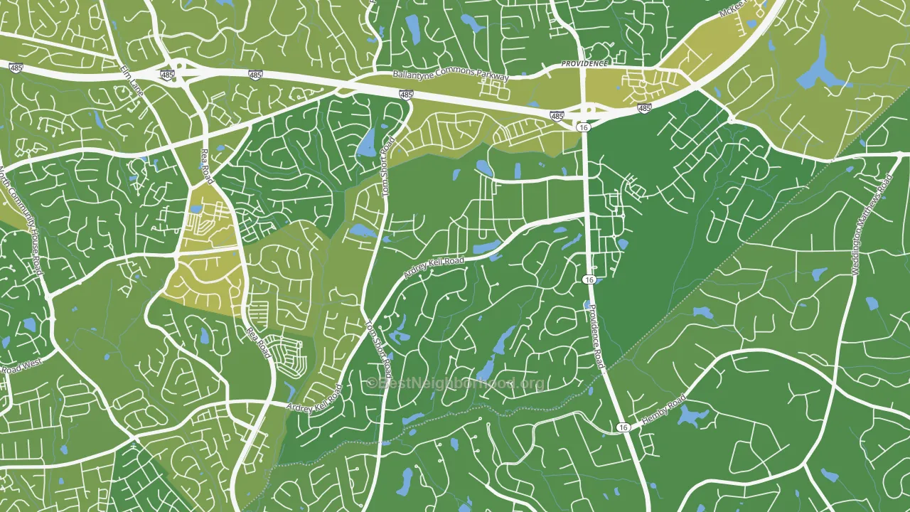 Map of the best neighborhoods in the Providence Crossing, Charlotte area, with better matches in green and worse matches in red