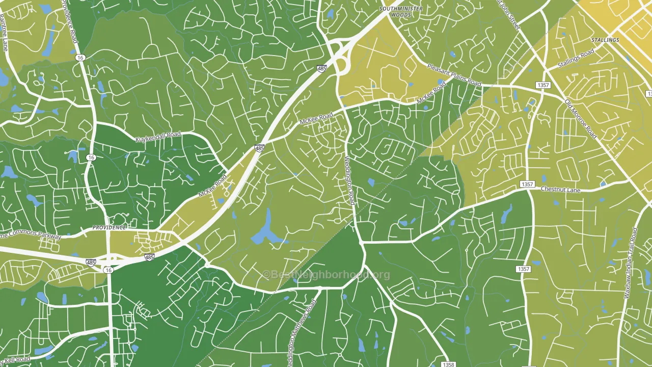 Map of the best neighborhoods in the Providence Estates East, Matthews area, with better matches in green and worse matches in red