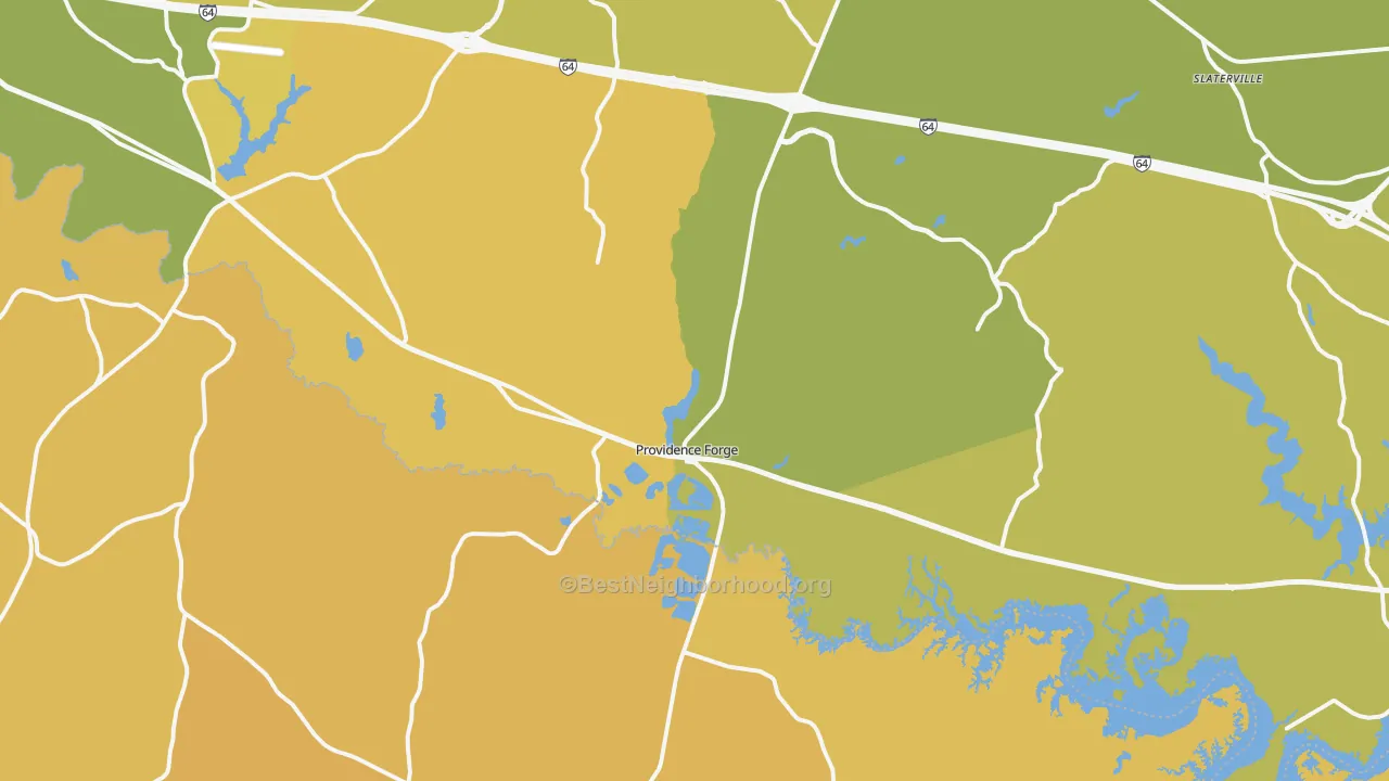 Map of the best neighborhoods in the Providence Forge area, with better matches in green and worse matches in red