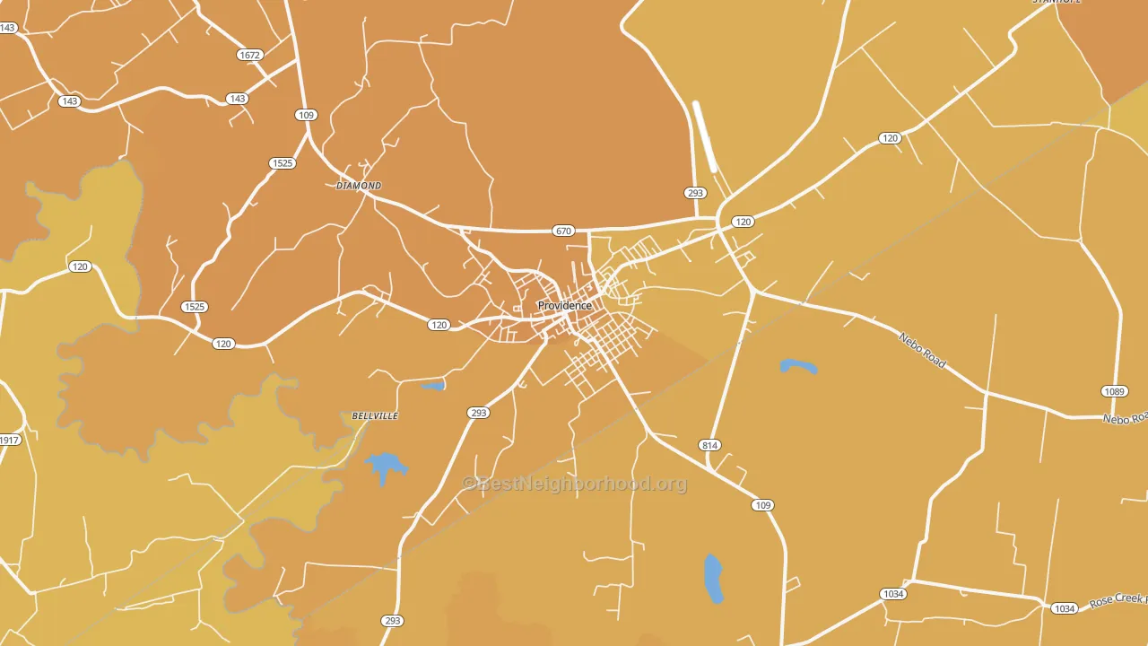 Map of the best neighborhoods in the Providence area, with better matches in green and worse matches in red