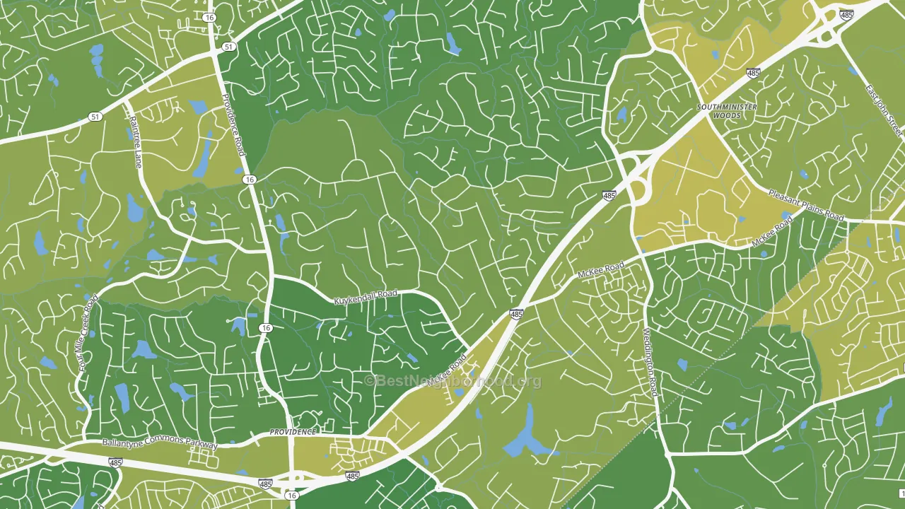 Map of the best neighborhoods in the Providence Plantation, Charlotte area, with better matches in green and worse matches in red