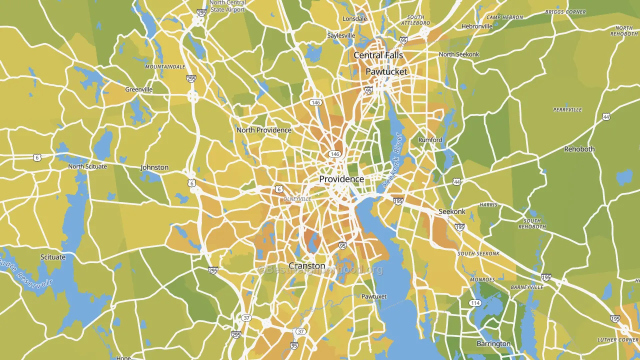 Map of the best neighborhoods in the Providence Metro area, with better matches in green and worse matches in red