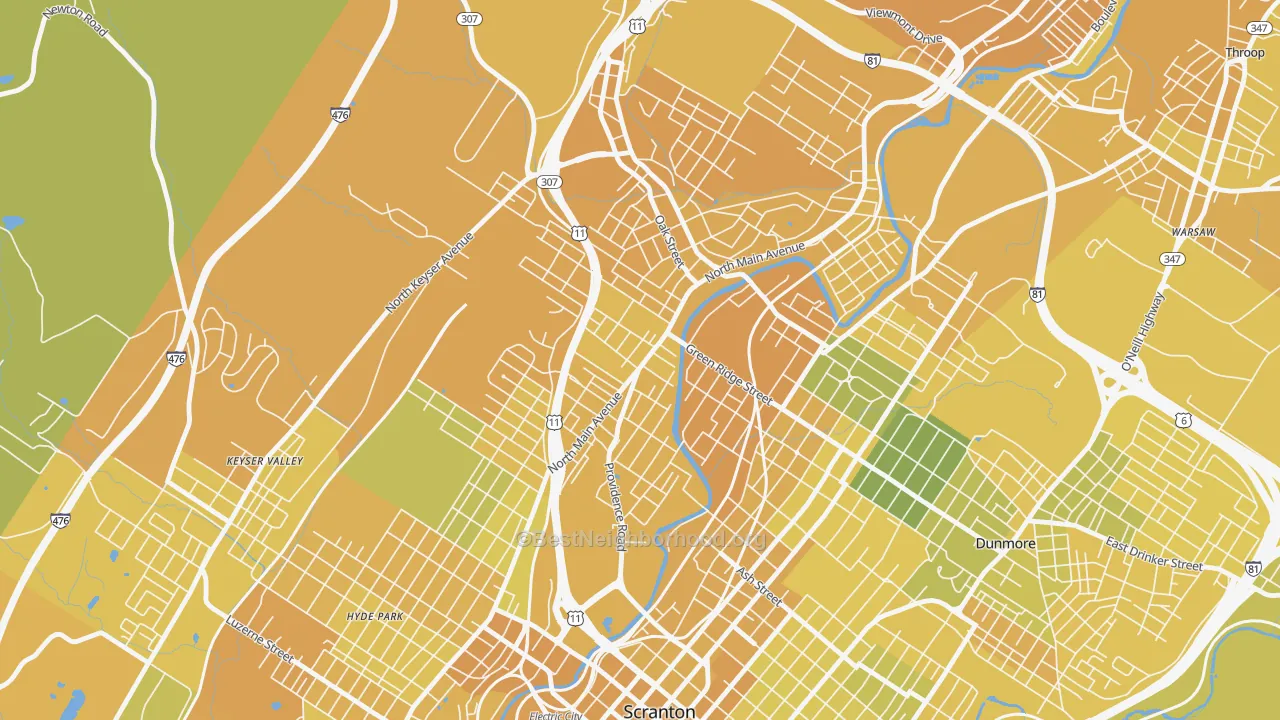 Map of the best neighborhoods in the Providence, Scranton area, with better matches in green and worse matches in red