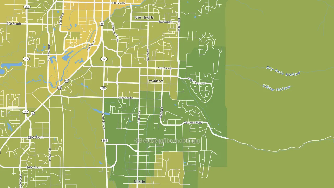 Map of the best neighborhoods in the Providence area, with better matches in green and worse matches in red