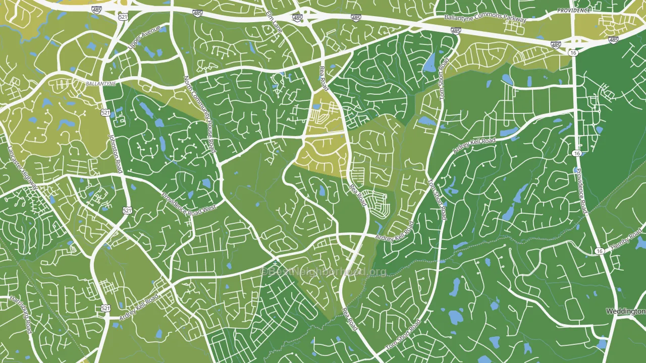 Map of the best neighborhoods in the Provincetowne, Charlotte area, with better matches in green and worse matches in red