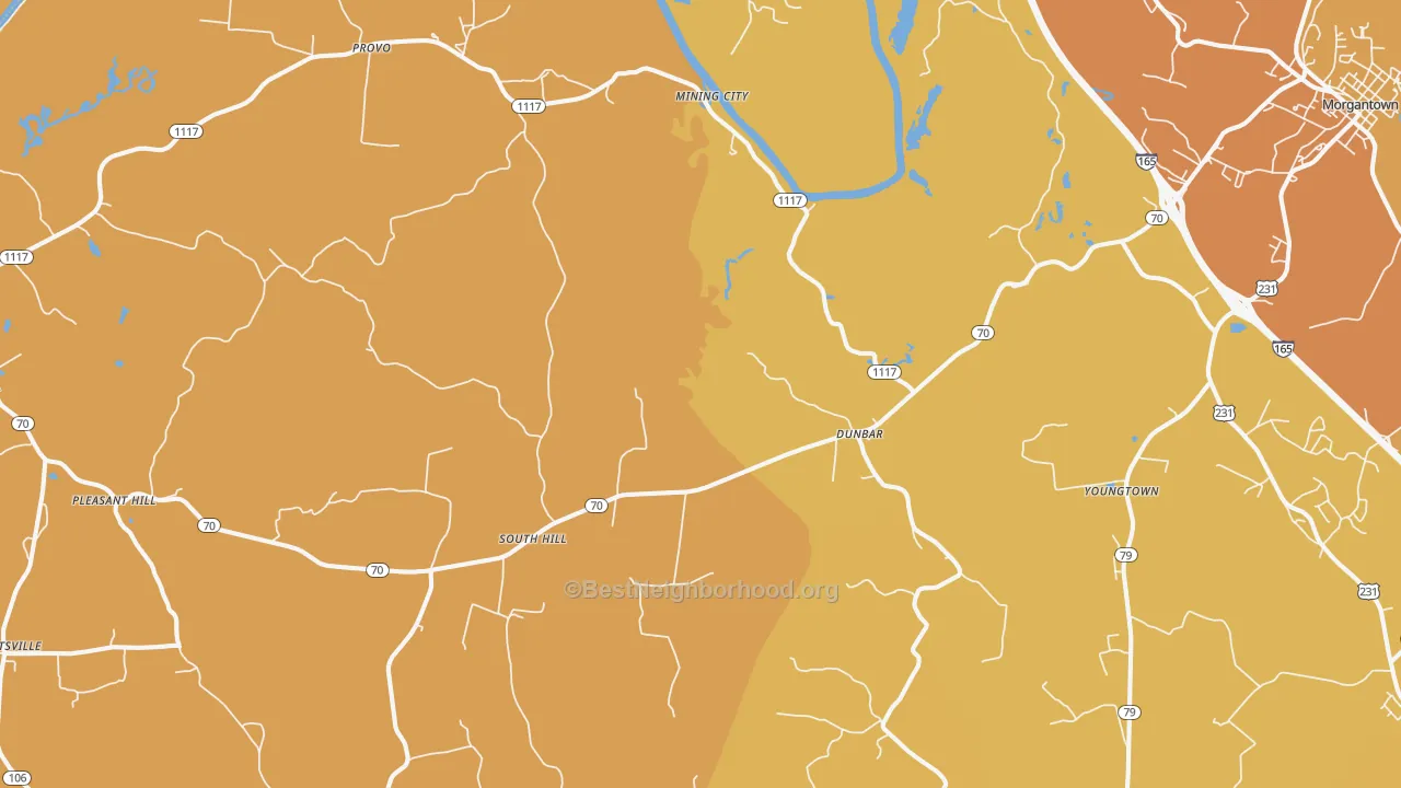 Map of the best neighborhoods in the Provo area, with better matches in green and worse matches in red