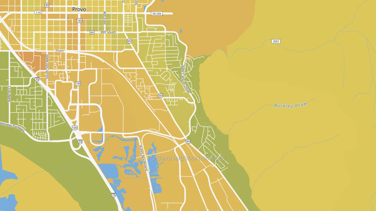 Map of the best neighborhoods in the Provo South, Provo area, with better matches in green and worse matches in red