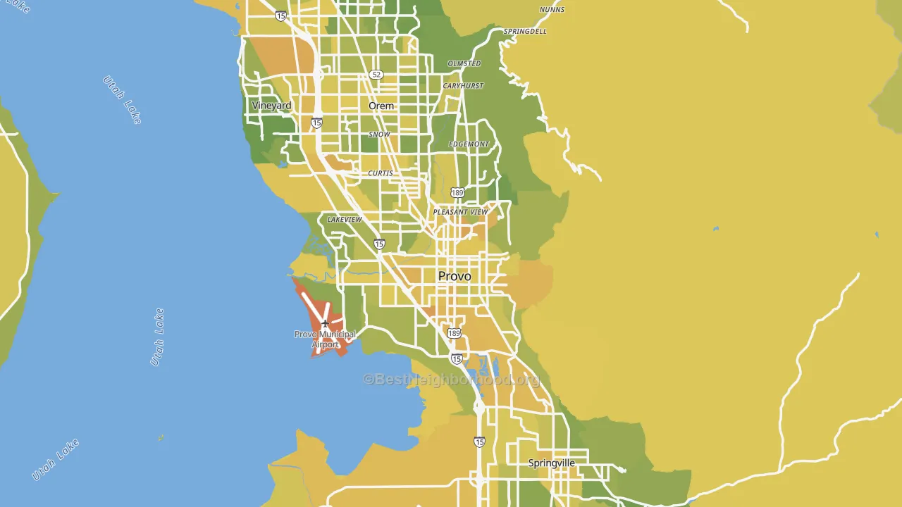 Map of the best neighborhoods in the Provo Metro area, with better matches in green and worse matches in red