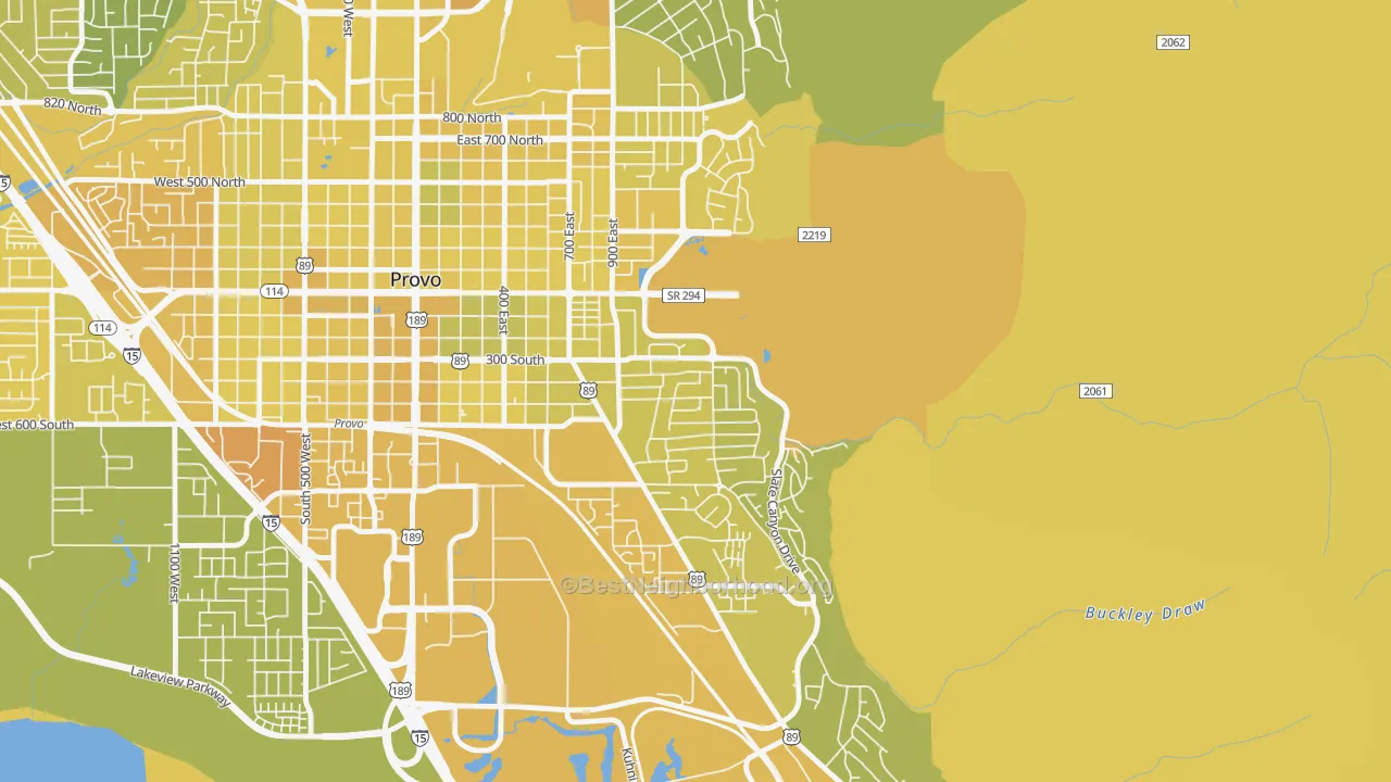 Map of the best neighborhoods in the Provost, Provo area, with better matches in green and worse matches in red