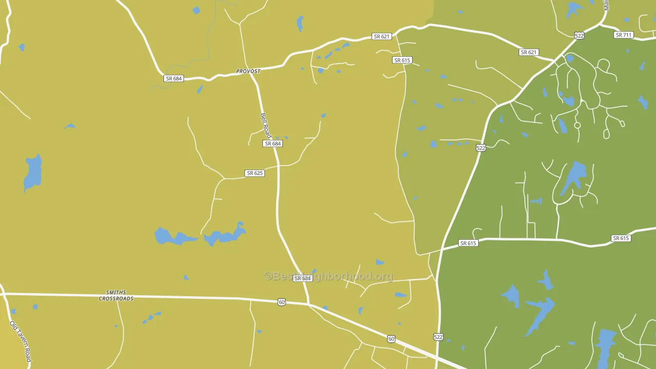 Map of the best neighborhoods in the Provost area, with better matches in green and worse matches in red