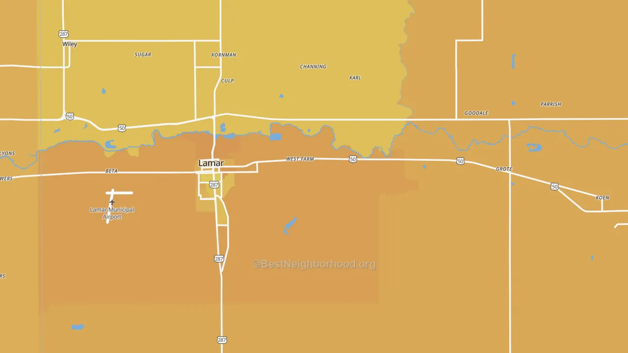Map of the best neighborhoods in the Prowers County area, with better matches in green and worse matches in red