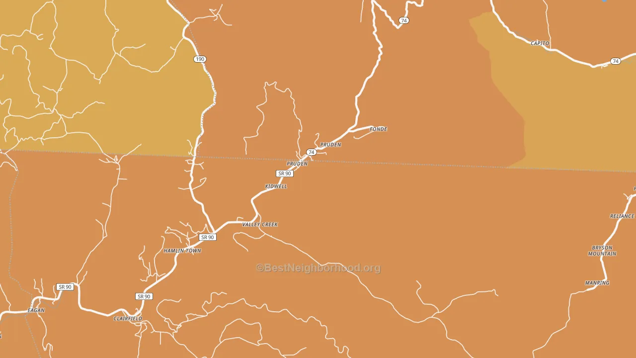 Map of the best neighborhoods in the Pruden area, with better matches in green and worse matches in red