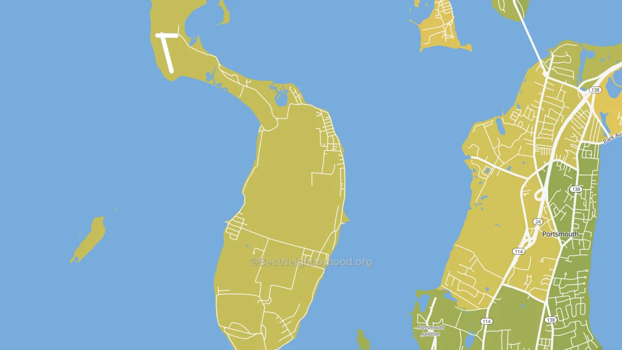 Map of the best neighborhoods in the Prudence Island area, with better matches in green and worse matches in red