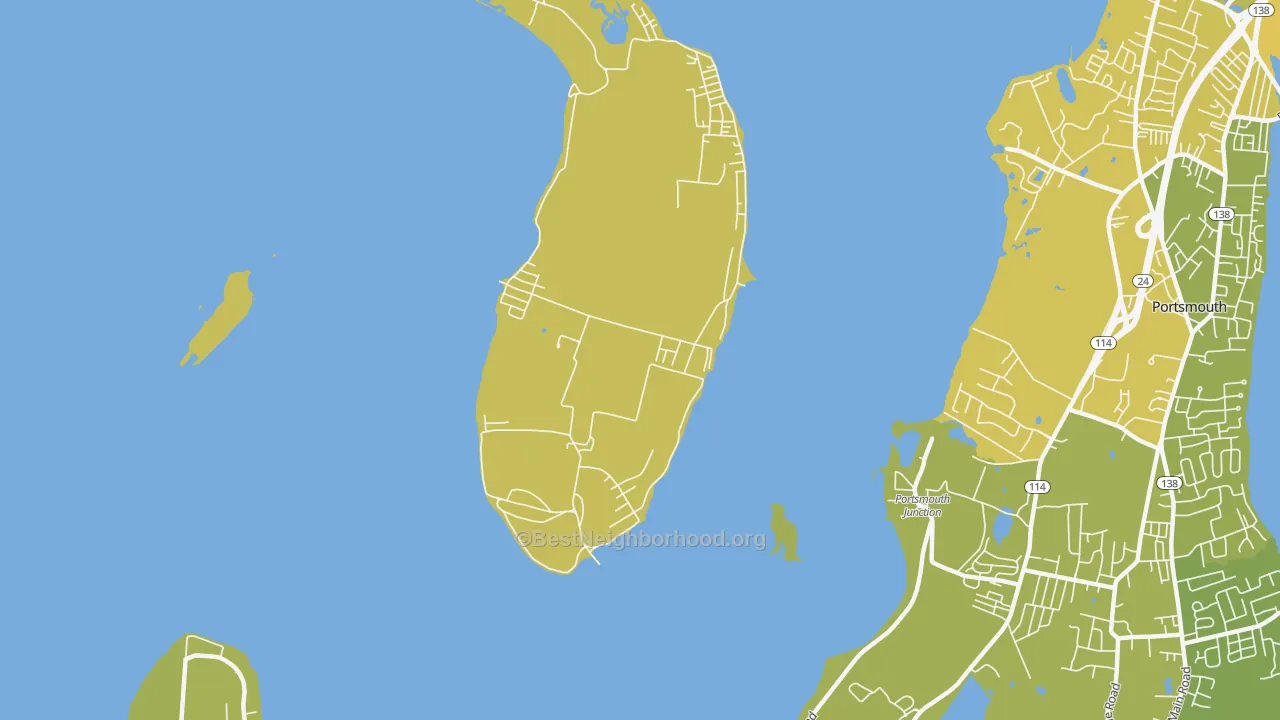 Map of the best neighborhoods in the Prudence Park area, with better matches in green and worse matches in red