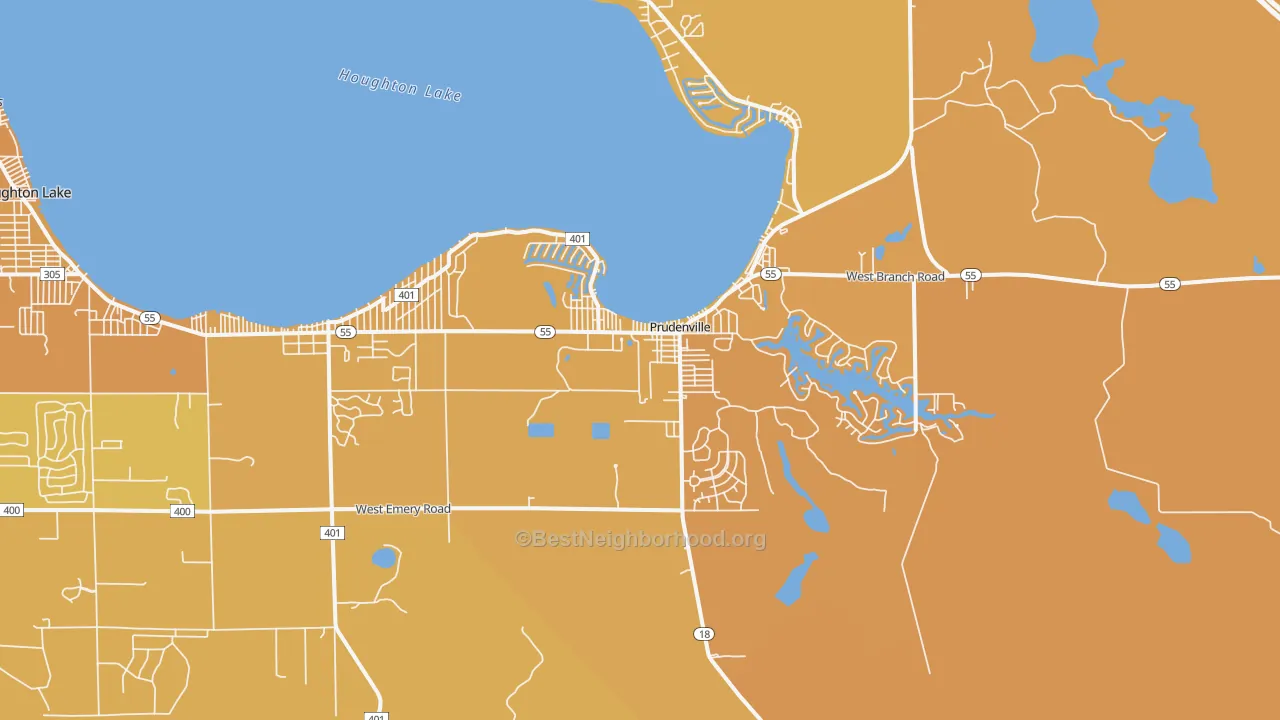 Map of the best neighborhoods in the Prudenville area, with better matches in green and worse matches in red