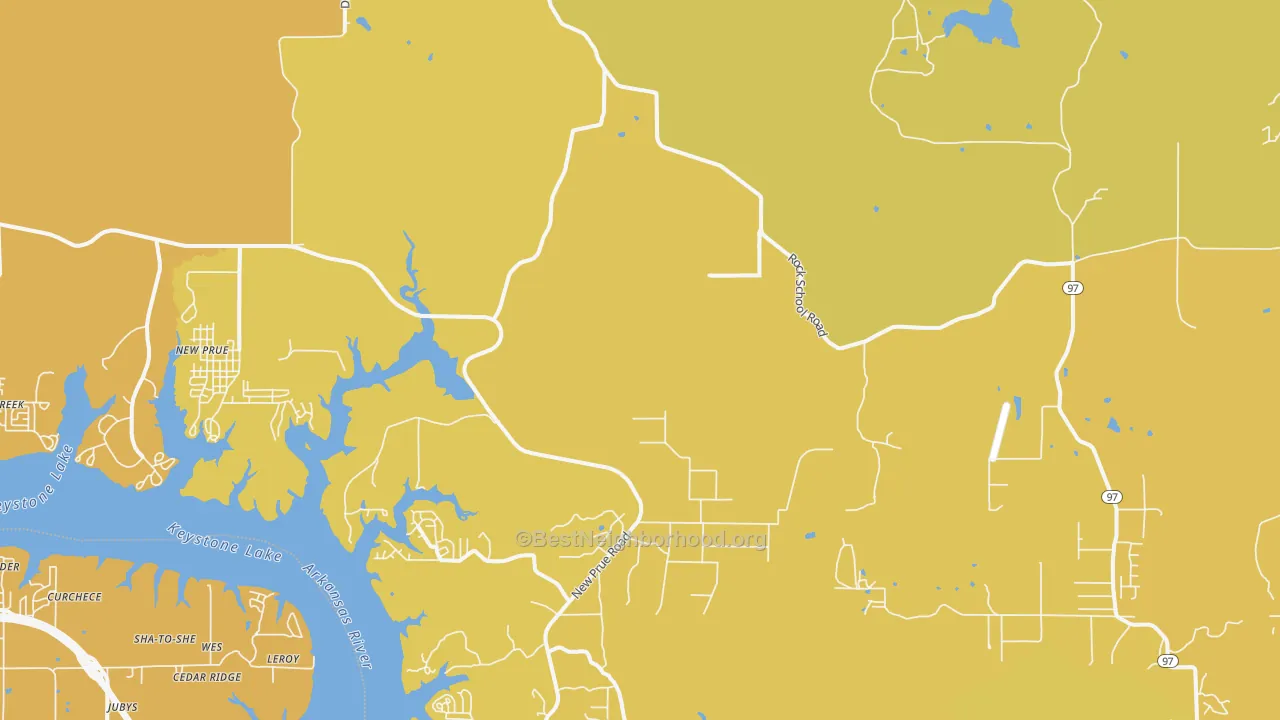 Map of the best neighborhoods in the Prue area, with better matches in green and worse matches in red
