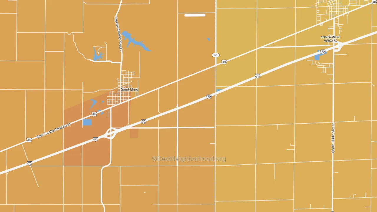 Map of the best neighborhoods in the Pruett area, with better matches in green and worse matches in red