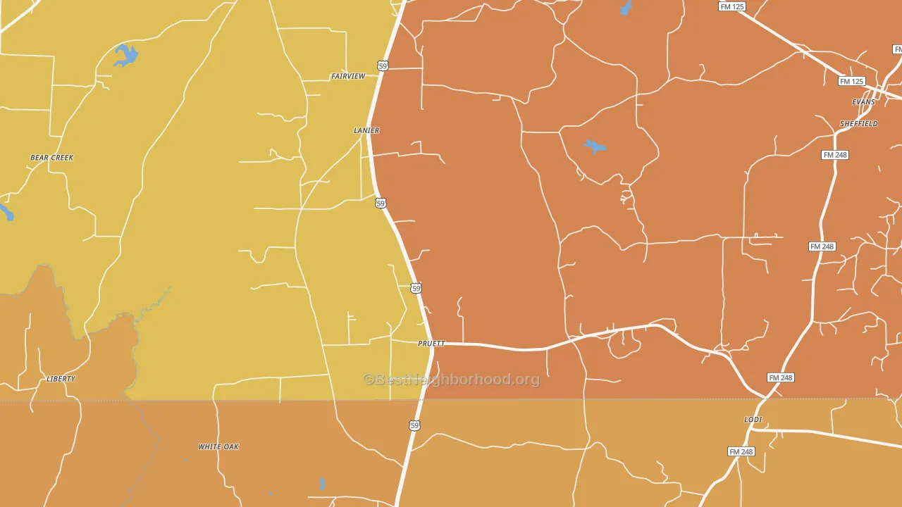 Map of the best neighborhoods in the Pruett area, with better matches in green and worse matches in red