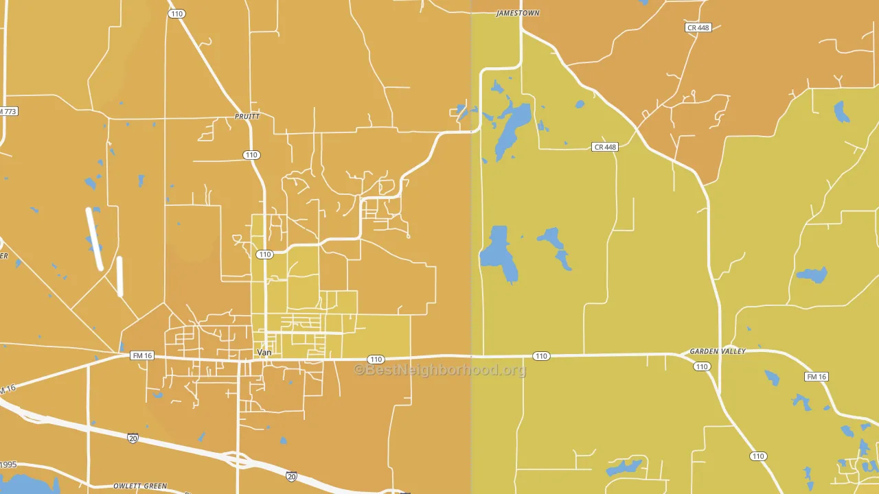 Map of the best neighborhoods in the Pruitt area, with better matches in green and worse matches in red