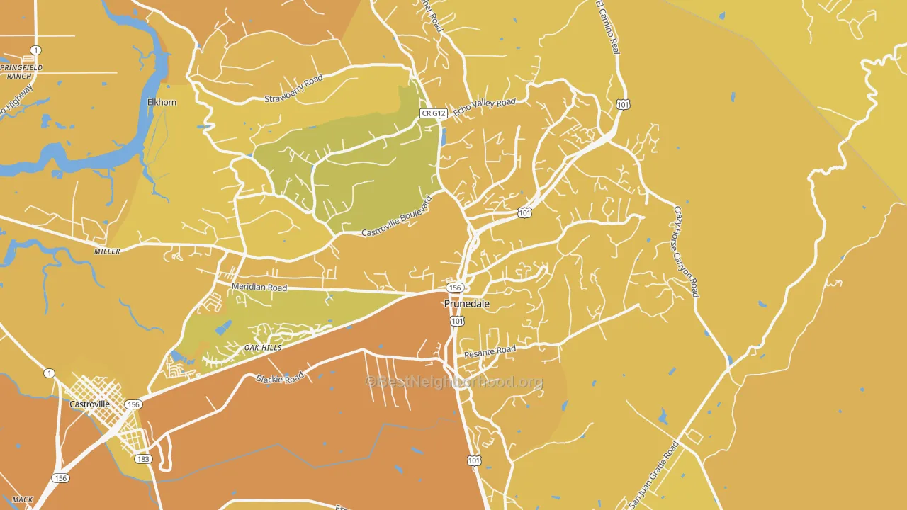 Map of the best neighborhoods in the Prunedale area, with better matches in green and worse matches in red