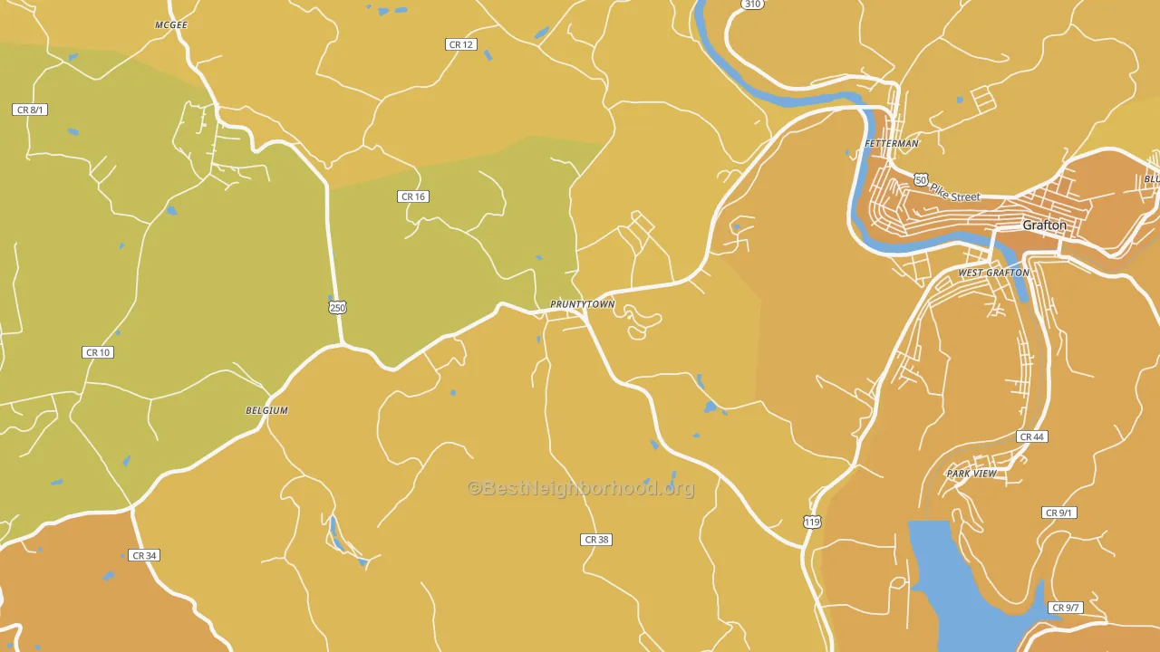 Map of the best neighborhoods in the Pruntytown area, with better matches in green and worse matches in red