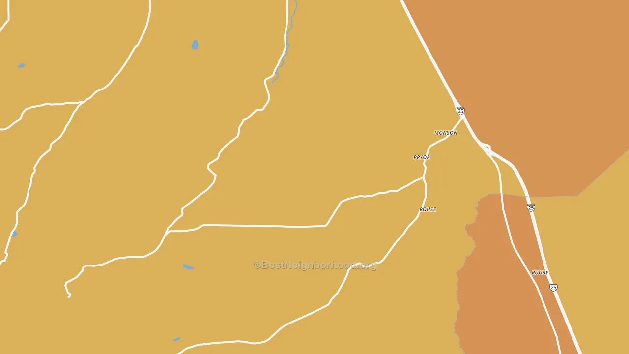 Map of the best neighborhoods in the Pryor area, with better matches in green and worse matches in red