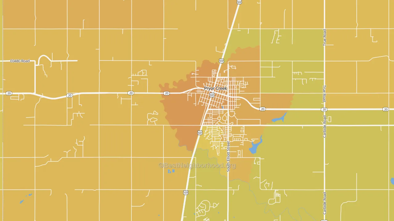 Map of the best neighborhoods in the Pryor Creek area, with better matches in green and worse matches in red