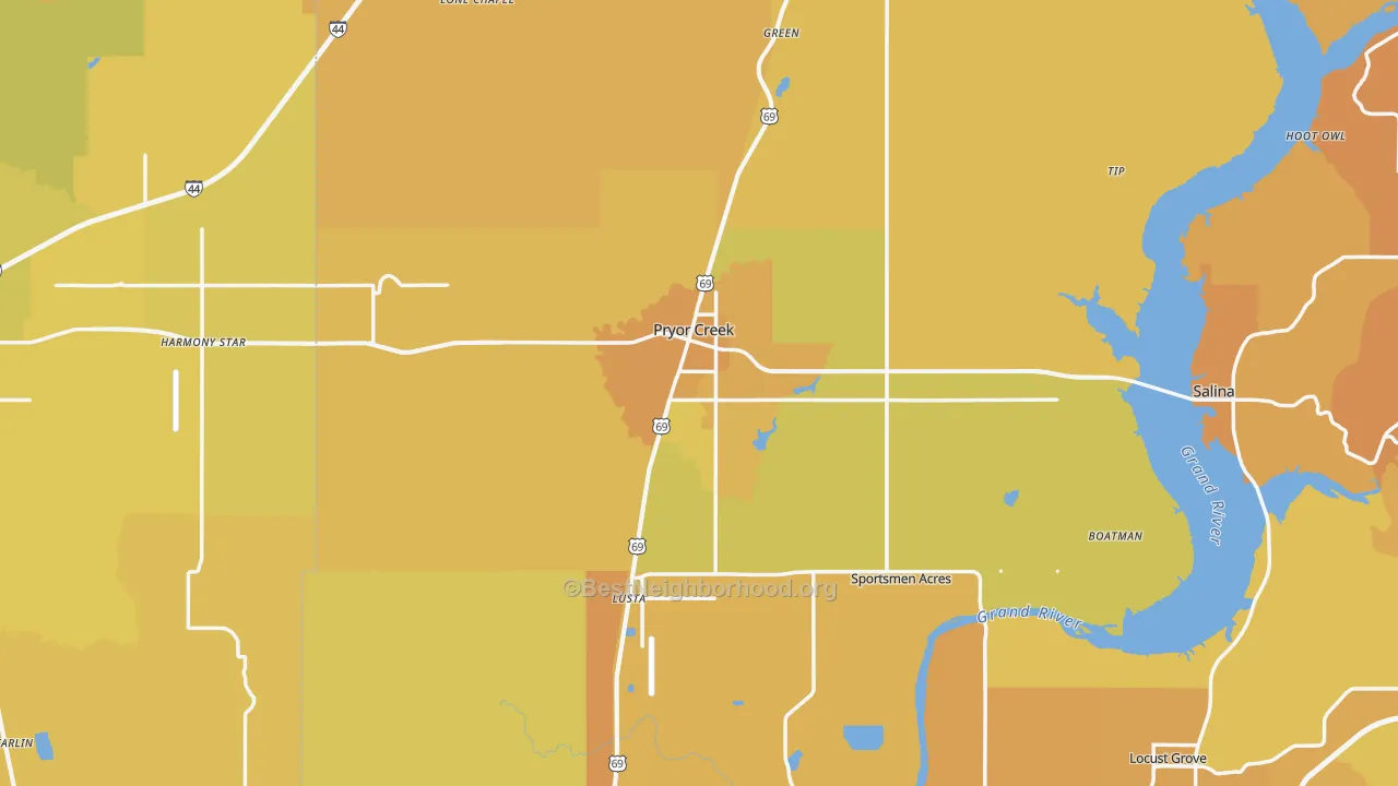 Map of the best neighborhoods in the Pryor area, with better matches in green and worse matches in red