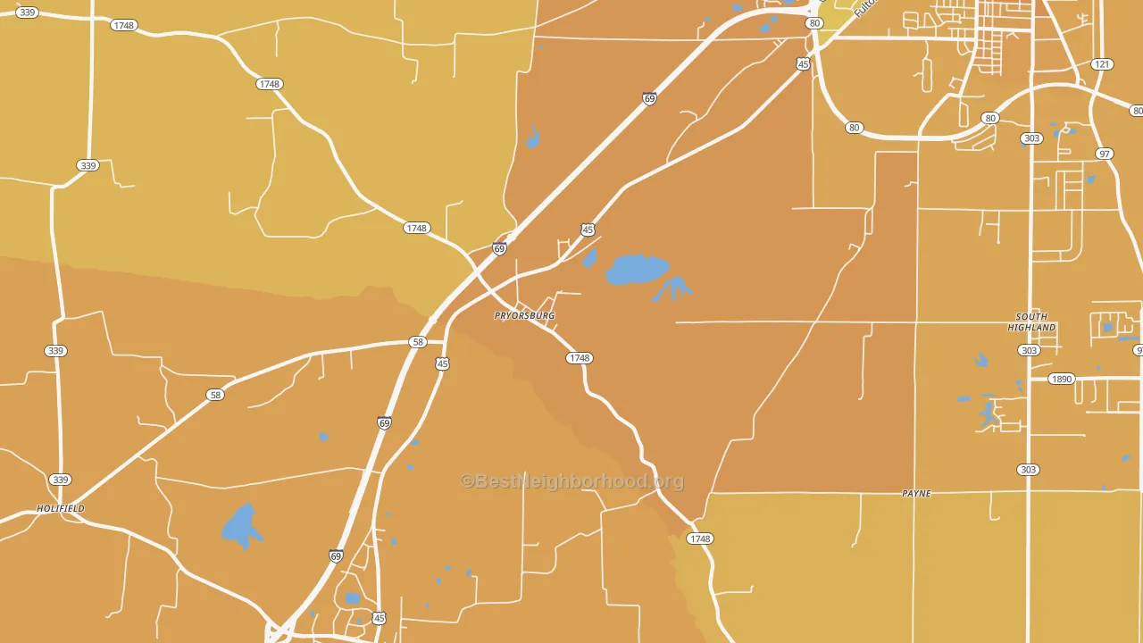 Map of the best neighborhoods in the Pryorsburg area, with better matches in green and worse matches in red