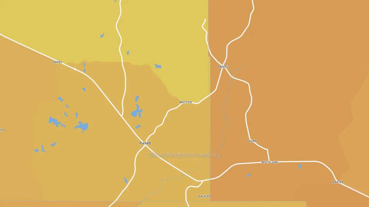 Map of the best neighborhoods in the Puckett area, with better matches in green and worse matches in red