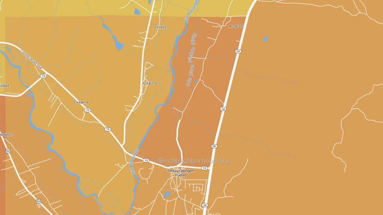 Map of the best neighborhoods in the Pueblito area, with better matches in green and worse matches in red