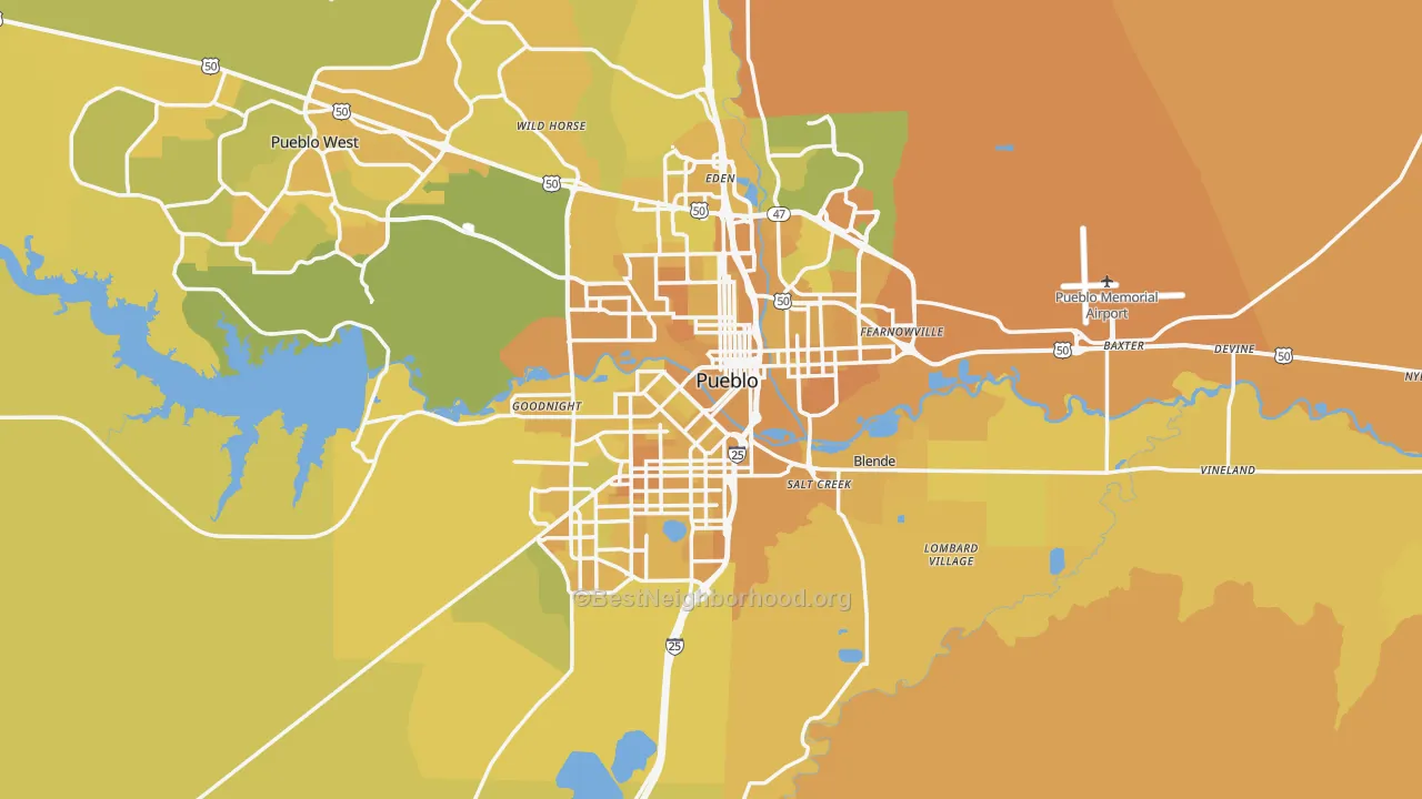 Map of the best neighborhoods in the Pueblo Metro area, with better matches in green and worse matches in red