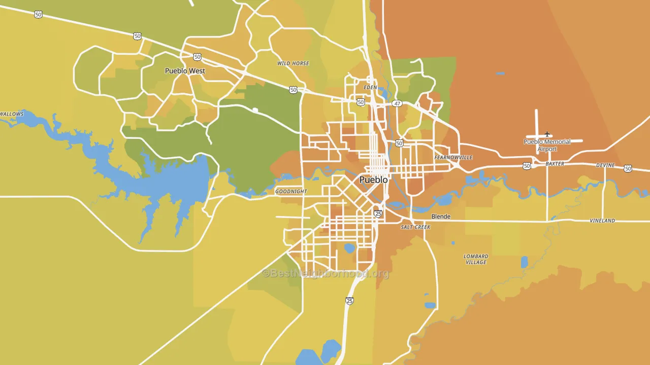 Map of the best neighborhoods in the Pueblo County area, with better matches in green and worse matches in red