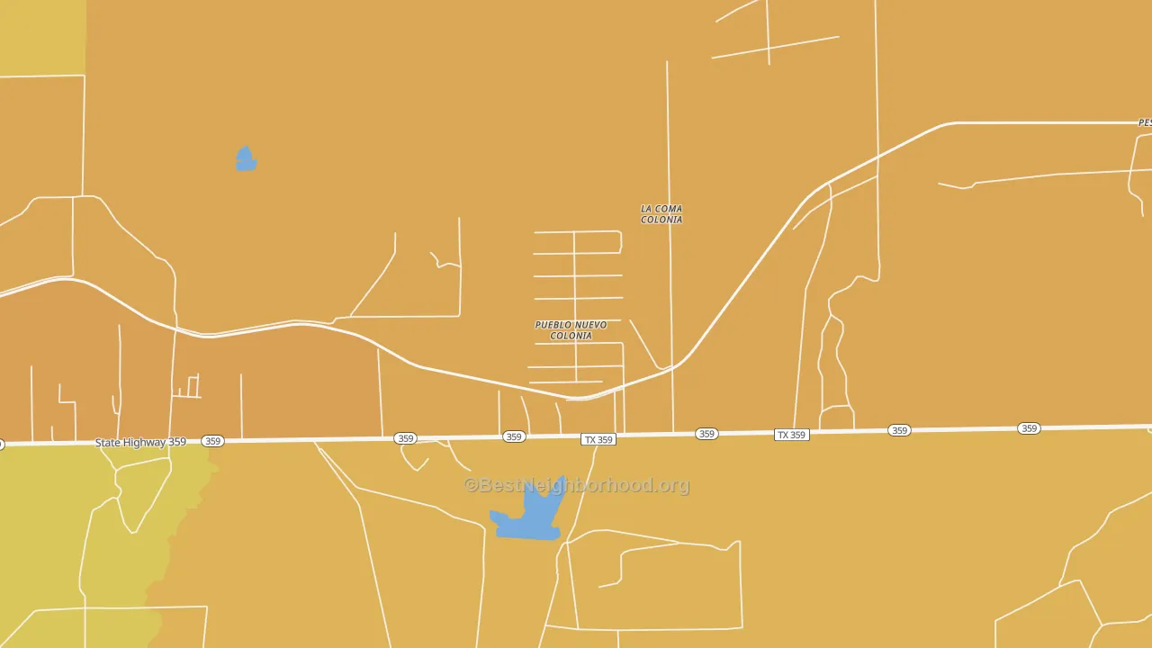 Map of the best neighborhoods in the Pueblo Nuevo area, with better matches in green and worse matches in red