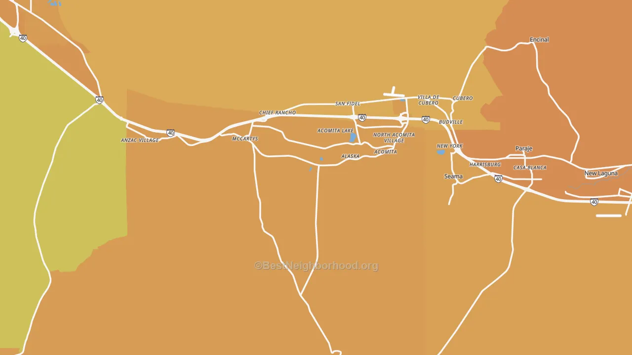 Map of the best neighborhoods in the Pueblo Of Acoma area, with better matches in green and worse matches in red