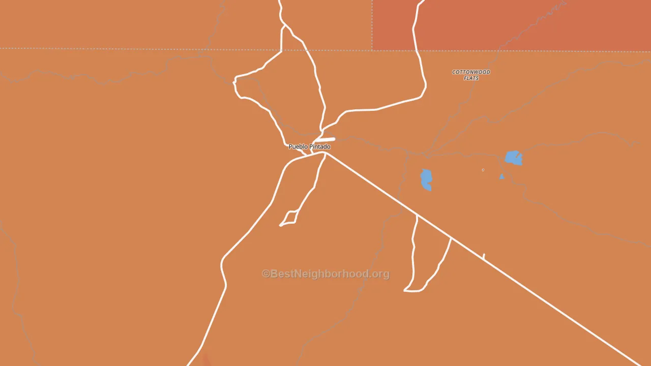 Map of the best neighborhoods in the Pueblo Pintado area, with better matches in green and worse matches in red