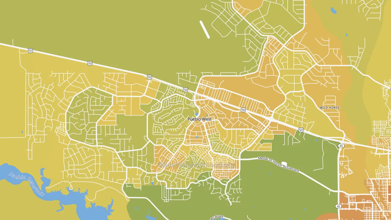 Map of the best neighborhoods in the Pueblo West area, with better matches in green and worse matches in red