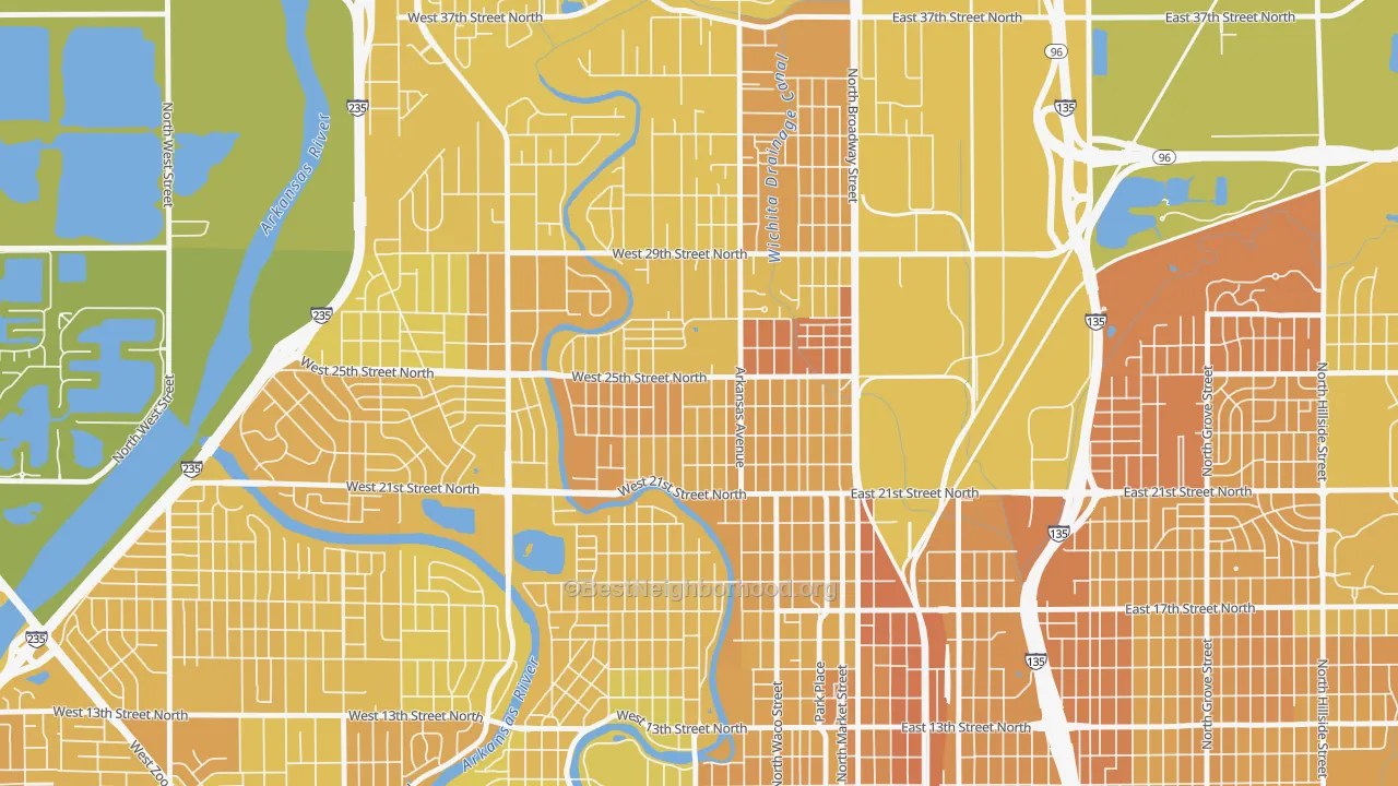 Map of the best neighborhoods in the Pueblo, Wichita area, with better matches in green and worse matches in red