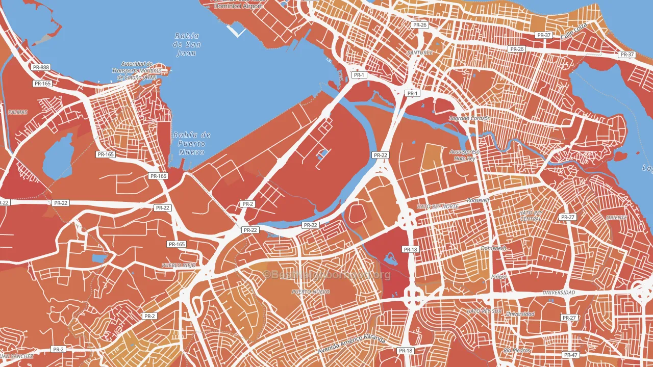 Map of the best neighborhoods in the Puerto Nuevo area, with better matches in green and worse matches in red