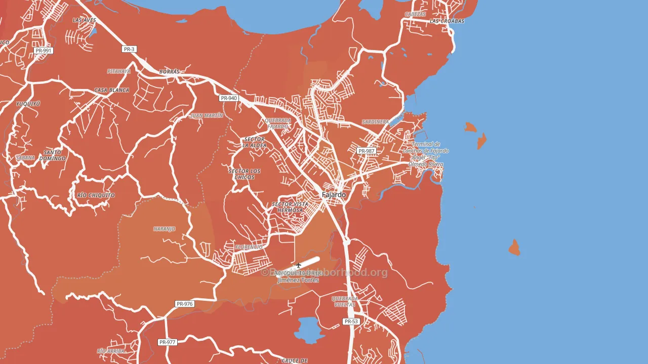 Map of the best neighborhoods in the Puerto Real area, with better matches in green and worse matches in red