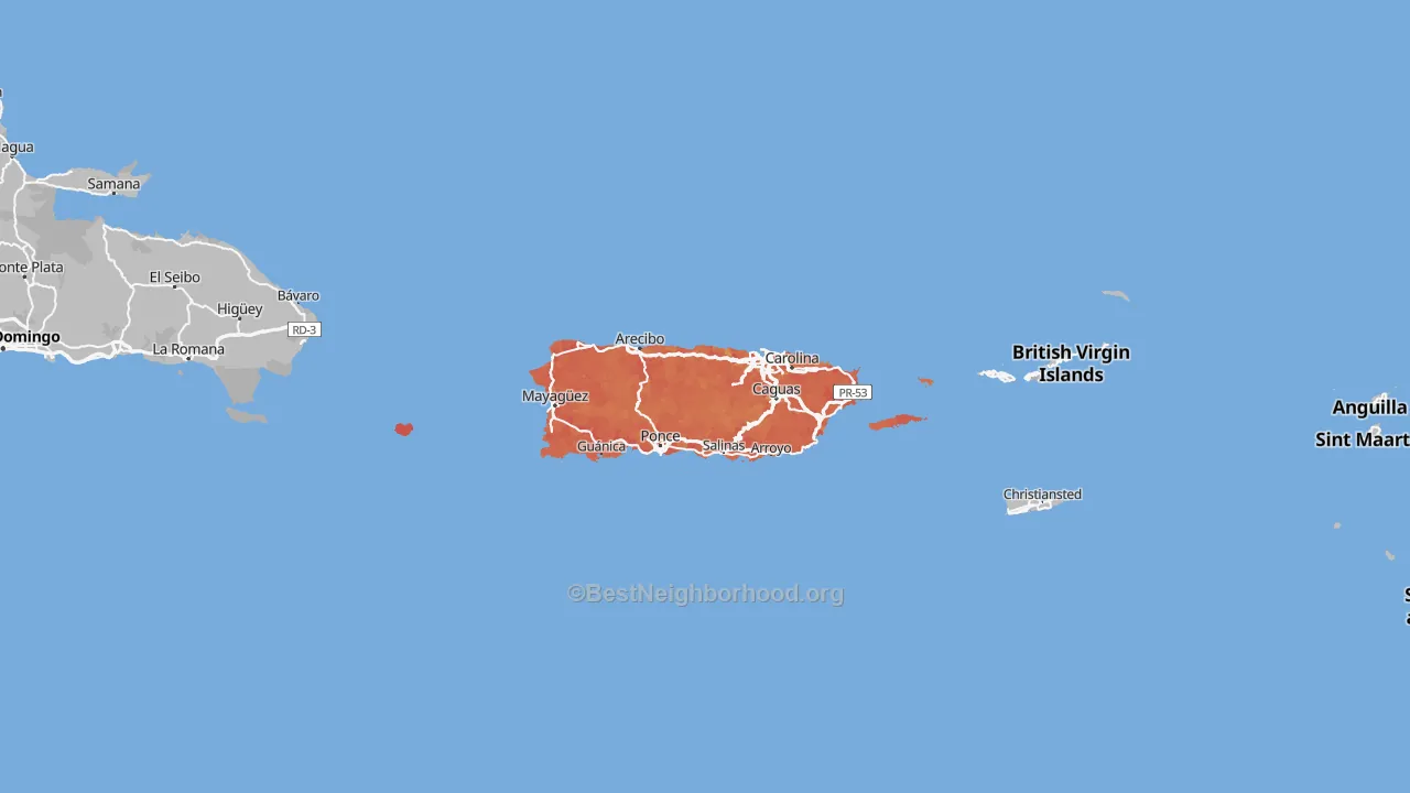 Map of the best neighborhoods in the Puerto Rico area, with better matches in green and worse matches in red