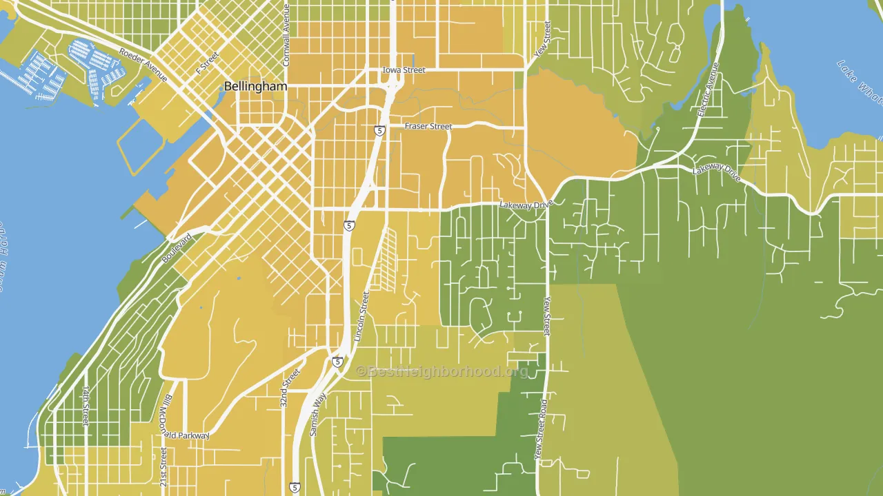 Map of the best neighborhoods in the Puget, Bellingham area, with better matches in green and worse matches in red