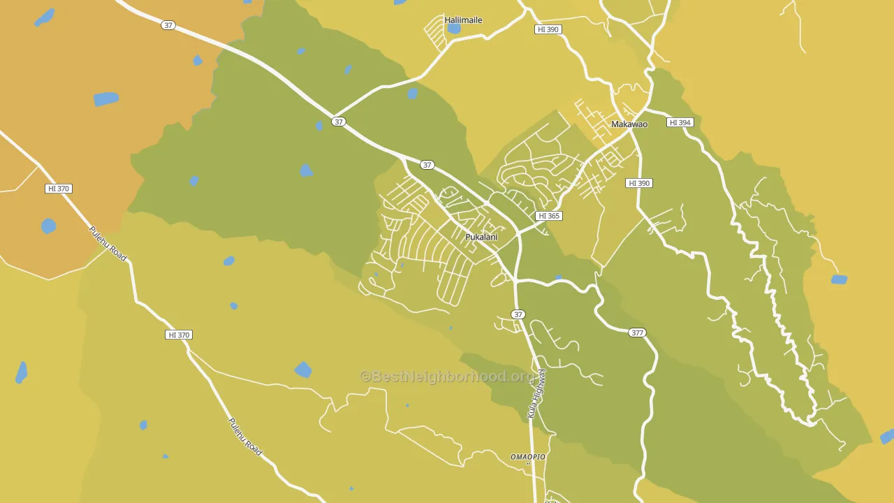 Map of the best neighborhoods in the Pukalani, Makawao area, with better matches in green and worse matches in red