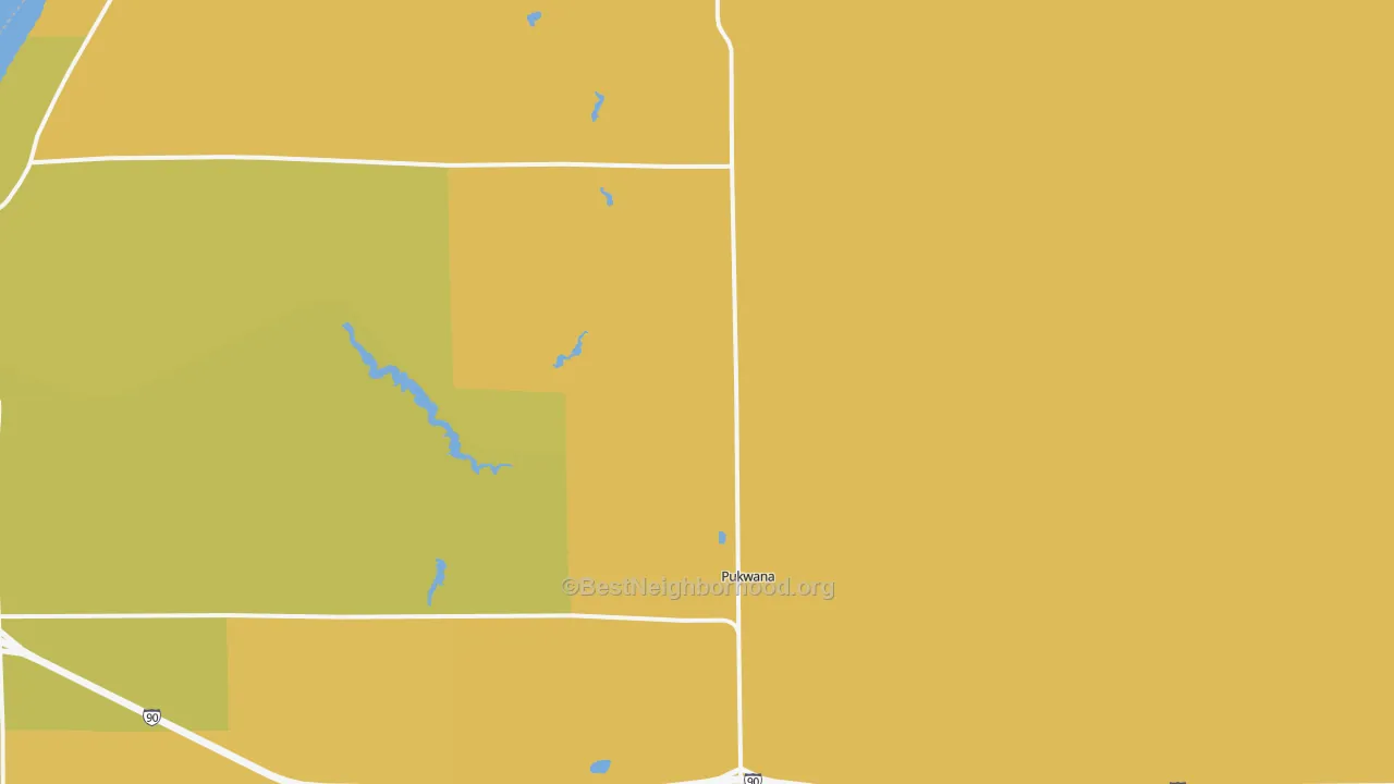 Map of the best neighborhoods in the Pukwana area, with better matches in green and worse matches in red