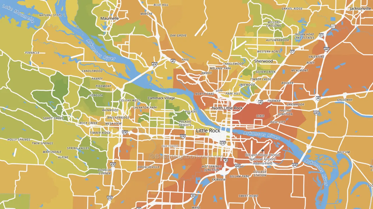 Map of the best neighborhoods in the Pulaski County area, with better matches in green and worse matches in red