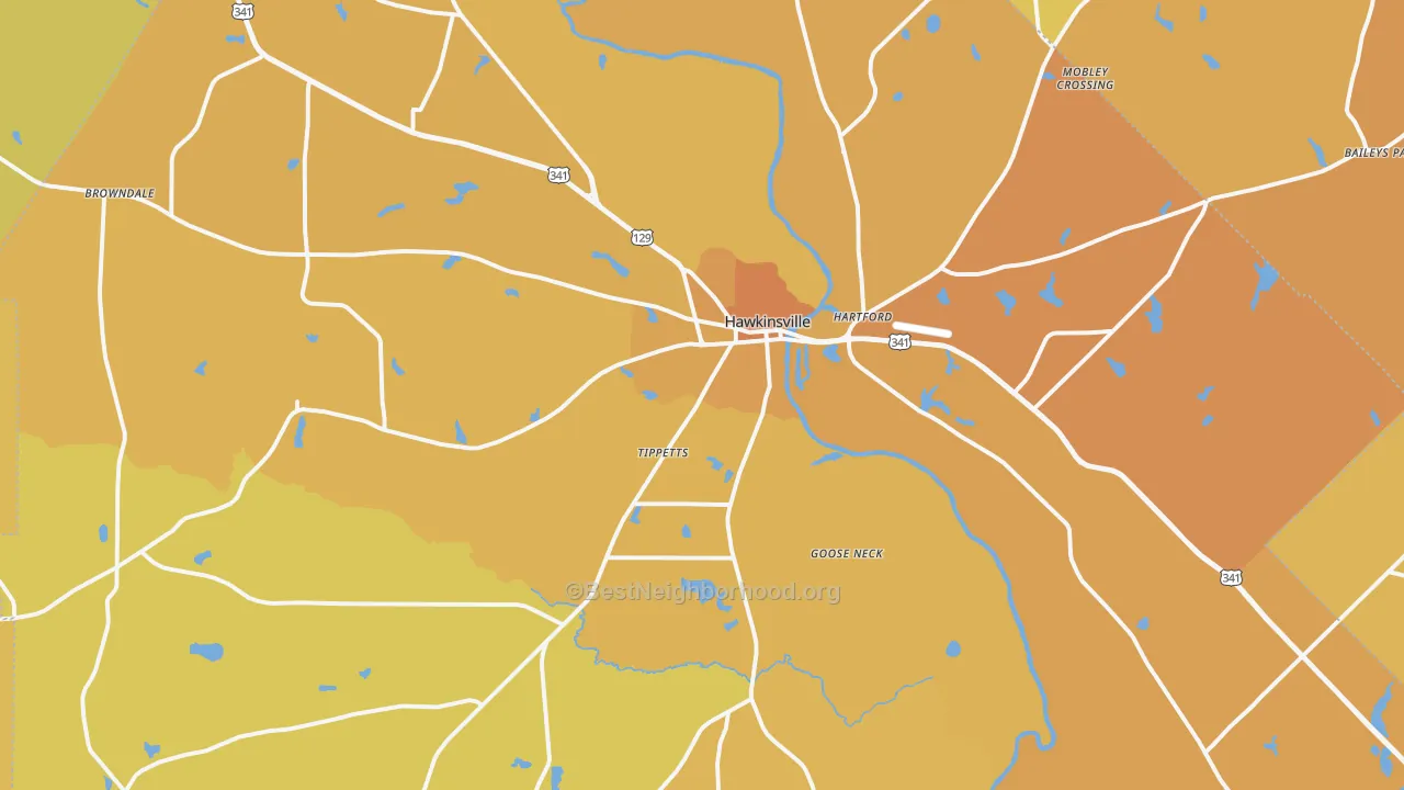 Map of the best neighborhoods in the Pulaski County area, with better matches in green and worse matches in red